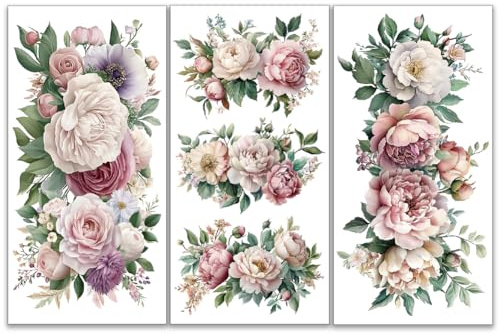 OLYCRAFT 3pz/set Decalcomanie Floreali per Mobili 15x30cm Adesivi Rosa Peonie per Mobili e Artigianato Adesivi per Trasferimento Floreale Adesivi per Mobili in Legno Decorazioni per La Casa