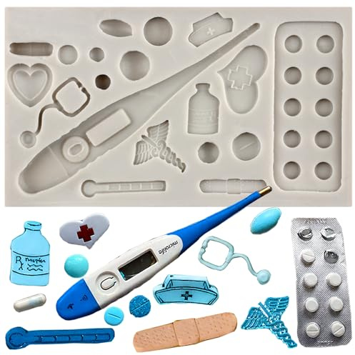 MINFEIDMS Medical Apparatus Silicone Mould Thermometer Fondant Moulds | Stethoscope Medicine Bottle Nurse Cap Cake Decorating Cupcake Topper Chocolate Gum Paste Candy Polymer Clay