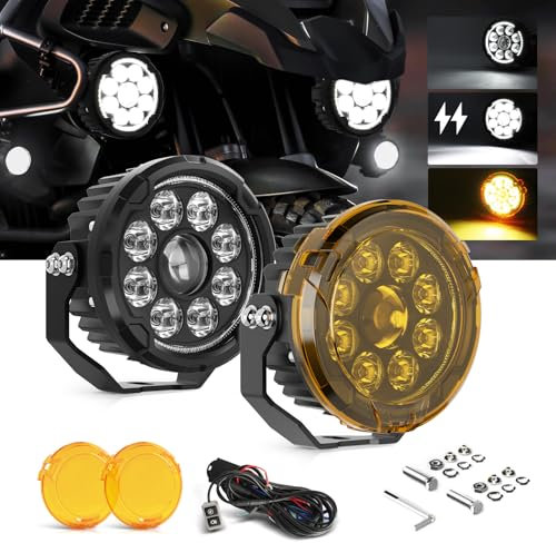 BraveWAY 4.5 Pouces Feux Additionnels Moto Phare Led Auxiliaire Antibrouillard, 140W 16000LM 6 Modes Stroboscopiques, Comprend Un Plastron Ambré, Un Faisceau De Câbles Et Deux Supports De Montage