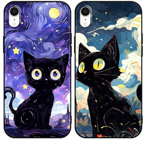 Yimctoie 2 Stück Handyhülle für iPhone XR Hülle 6.1,Cute Anime Katze Sternenhimmel Aesthetic Case,Schwarz Cat Cartoon Ästhetik Starry Night Schutzhülle Silikon TPU Stoßfeste Cover