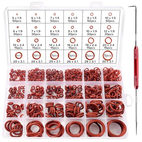 Lyeteung 600 PCS 24 Sizes O-Ring Gasket Kit, Silicone O Ring Assortment Kit with Double Headed Pick and Hook, for Plumbing Washer Seal & Auto Quick Repai, Red