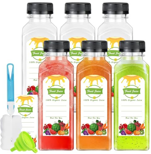 Iceten Juice Bottles, 6Pcs Plastic Juice Bottles with Leakproof Lids, 350ml /11.8Oz Clear Reusable Beverage Containers – Includes Funnel & Cleaning Brush for Smoothies, Milk, Homemade Drinks
