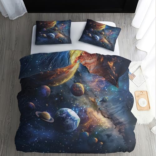 WQIZXCW Weltraum Bettwäsche 140x200 - Weltall Galaxy Planeten Universum Motiv, Weiche Microfaser Bettbezug Set 2 Teilig, 1 Kissenbezug 70x90, mit Reißverschluss, Wendebettwäsche & Zimmer Deko