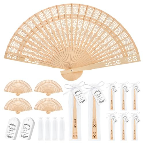 Winocbxt 50 Sets Wooden Folding Hand Fans for Wedding Favors Bridal Shower Gifts for Guests, Summer Party Favors Bulk Return Gifts with Organza Bags and Thank You Tag