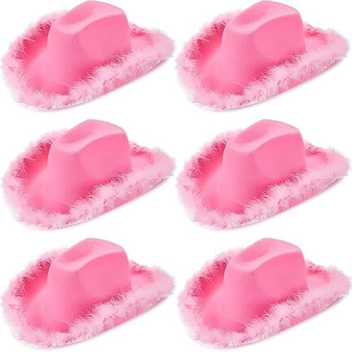 LYCN 6 Stück Rosa Cowboyhüte für Damen, Pinker Filz Western Cowboyhut mit Flauschiger Federbesatz für Hochzeit Junggesellinnenabschied Geburtstagsparty Cosplay