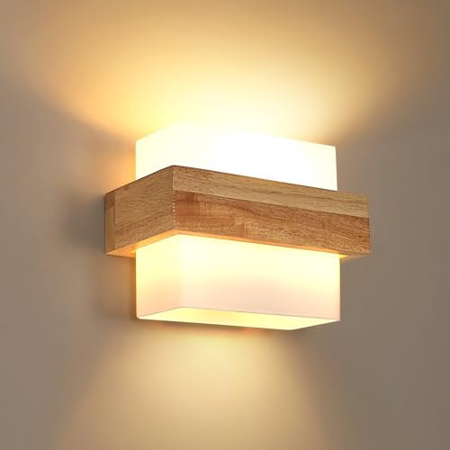 Mckalen Wandleuchte Innen Holz, Vintage E27 Wandlampe Holz mit Weiß Glas Lampenschirm, Kreative Up Down Innen Wandbeleuchtung für Wohnzimmer Schlafzimmer Flur Treppen (Ohne Glühbirne)
