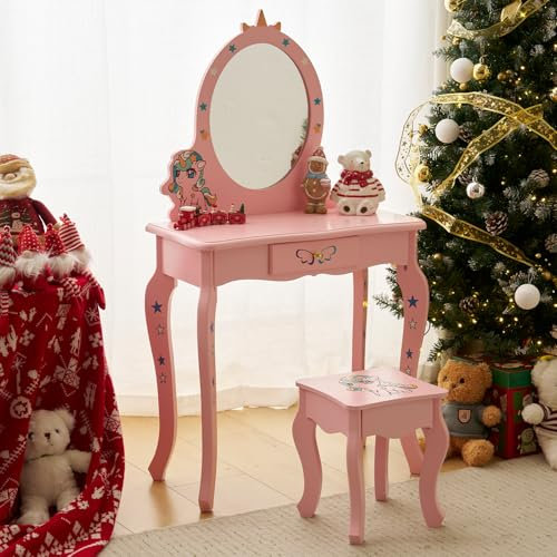 LALAHO Schminktisch Kinder mit Hocker Frisiertisch Kinderschminktisch für Mädchen Frisierkommode Weiß/Rosa (Rosa)