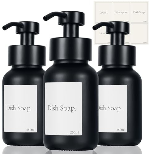 3er Seifenspender Schwarz Glas Set, 250ml Seifenspender Dusche, Edelstähle Pumpspender mit Etiketten Shampoo Spender für Küche Badezimmer Bad (Schwarz)