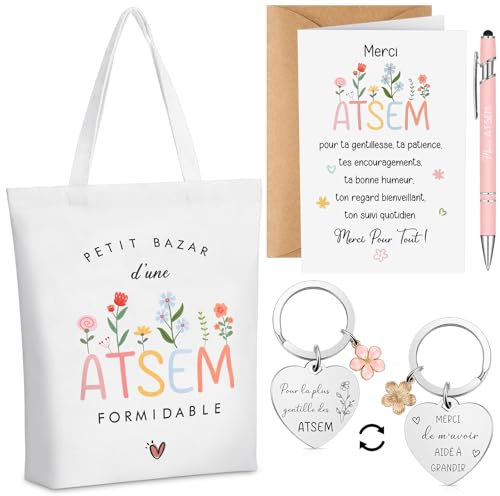 Xuniea Set de 5 Cadeaux pour Merci Maîtresse et Atsem Cadeau Fin d'Année Maîtresse et Atsem Sac Fourre-Tout Porte Clé Stylo Carte de Remerciement avec Enveloppe Cadeau d'Adieu à l'École Maternelle