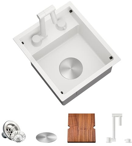 EYTFYZGL Fregadero bajo encimera Blanco para Barra de Cocina de RV con Grifo Plegable Incorporado, Acero Inoxidable Calibre 16, 33,1 x 38,1 x 17,8 cm