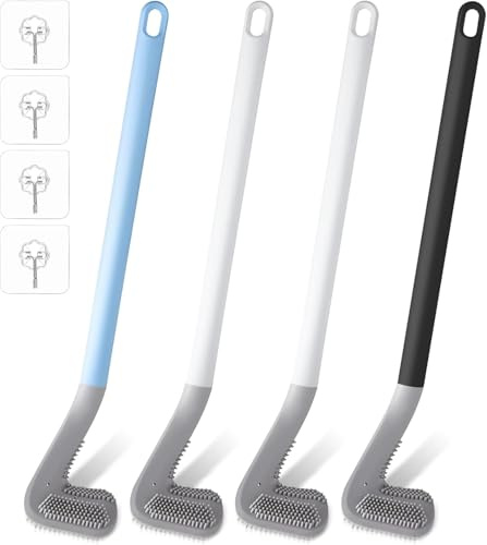 YTIan 4-Pack Silicone Toilet Brushes with Hooks – Long Handle, Crevice Cleaning, Bathroom Accessories Set – Blue, Green, White, Black
