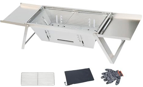 Gril Barbecue Acier Inoxydable Pliable, Barbecue À Charbon De Bois Inox- Hauteur Réglable Et Anti-Rouille - Nettoie Facilement - Pour Camping/Pique-nique Familial (Incl. Grille/Gants)