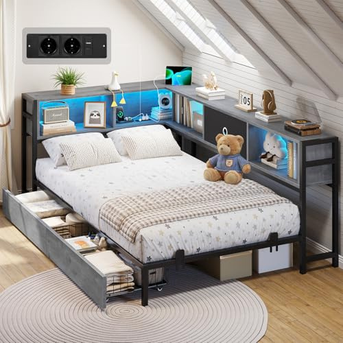 DICTAC Sofá cama 90x190 con iluminación LED y estación de carga, sofá cama de día 90x190 con espacio de almacenamiento - 5 compartimentos y 2 cajones, cama juvenil 90 x 190 con somier de metal, cama