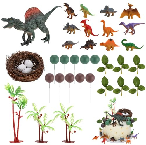 36PCS Dinosaur Cake Toppers Set with Eggs Trees Leaves and Foam Balls | Plastic Dinosaur Figures, Cake Decorations for Kids Birthday Party, Wild Animal Theme Party Supplies