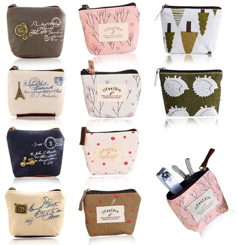 10 Unidas de Mini Monedero de Lona, Pequeños Portamonedas y Cremallera para Mujer, Bolsita de Cosméticos para Tarjetas, Monedas y Llaves