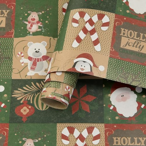 Boerni Weihnachts-Geschenkpapier – rote und grüne Kraftpapierrolle, Cartoon-Weihnachtsmann, Elch, Bär, Pinguin, Geschenkpapier für Weihnachten, Party, Urlaub, 43,2 x 2,4 m