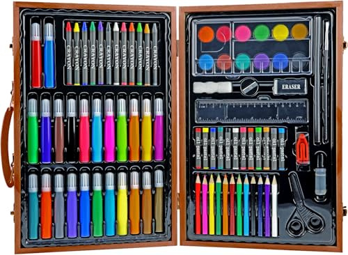 AKOR Coffret Art Créatif 82 Pièces, Set Dessin et Peinture avec Crayons de Couleur, Pastels, Feutres, Aquarelle, Accessoires dans Mallette en Bois. Livré avec une planche à dessin.