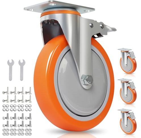 BAOLIHUI 150mm Schwerlast Lenkrollen mit Bremse, 1000kg Tragkraft, 4er Set Industrie Transportrollen aus PU, 360° drehbar, Totalfeststeller, inkl. Montagematerial für Werkbank & Transportwagen