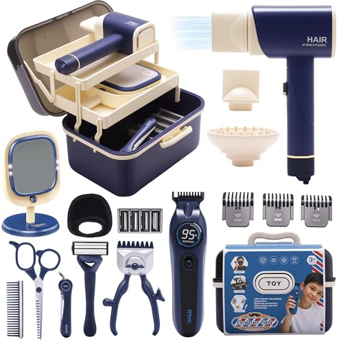 Pretend Play Toys for Boys,Kids Shaving Kit Barbershop Accessories Hair Salon Set with 3-Tier Storage Box , Realistic Hair Clipper & Blow Dryer, Birthday Gifts for Boys Ages 3-8