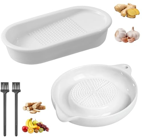 FAINCA 2 Stück Reibeteller Keramik Reibe mit 2 Bürste Keramikreibe Ingwer | Knoblauchreibe Keramik Teller Knoblauch Tellerreibe Ingwerreibe Weiß für Apfelmus Zitrone Ingwer Saft 12×6,2cm 10,8×9cm