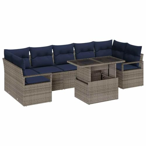 vidaXL Garten-Sofa-Set 8 pcs Grau und Marineblau Poly-Rattan, Garten- und Terrassen-Set, modernes Outdoor-Sofa, gemütliche modulare Sitzgelegenheiten, UV-beständiger Poly-Rattan