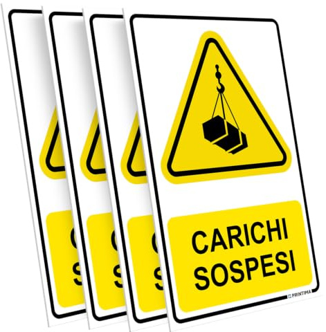 PRINTIMA 21x32 cm set 4x cartello pittogramma Carichi sospesi, segnale di avviso con simbolo carico sospeso e testo, con set di montaggio incluso per parete, porta e cantiere