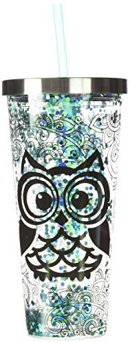 Spoontiques 21310 Blue Owl Glitter Cup with Straw, Acrylic, Turquoise