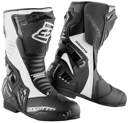 Bogotto Assen Motorradstiefel, schwarz/weiß, 45