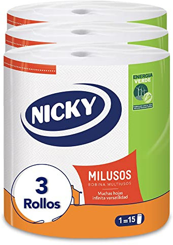 Nicky Milusos Papel de Cocina - 3 rollos, 535 Hojas de 2 Capas por rollo, Súper Absorbente y Resistente, Papel 100% Certificado FSC, Blanco