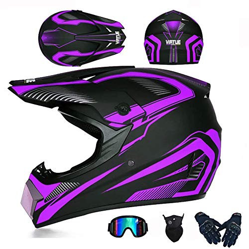 JCLDG Herren Offroad Motocross Helm Schwarz/Rockstar Motorradhelm + Handschuhe + Brille + Schutzbrillen Adult Off Road Fullface MTB Helm Mopedhelm für Kids Damen Sicherheit Schutz,Lila,XL
