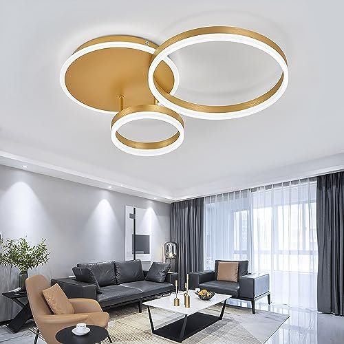 XEMQENER LED Ceiling Light, 57W Modern Chandeliers Ceiling Lights Fitting, Golden Acrylic Flush Mount Chandelier Pendant Light for Living Room Bedroom Dining Room, 6000K Cool White Light Only