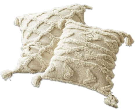 Loberon Kissenhülle 2er Set Linares, Creme | kuschelig weiche Struktur, dekorative Quasten, Boho-Style, Kissenbezug, Wohntextilien, Wohn-Accessoire, Baumwolle