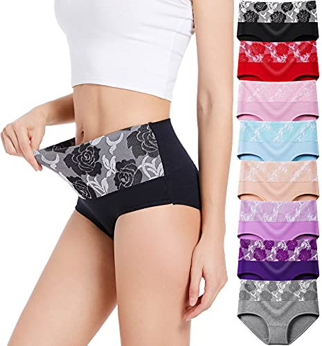 HAVVIS Damen-Slips Unterwäsche Baumwolle hohe Taille Bauchkontrolle Rose Jacquard Damen-Slip Multipack (XL, A01-8er Pack - Mehrfarbig)