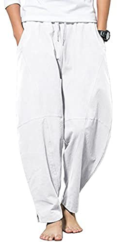 YAOBAOLE Herren Casual Hosen Leinen Herren Baggy Haremshose Leinen Freizeithose Herren Weiß 3XL