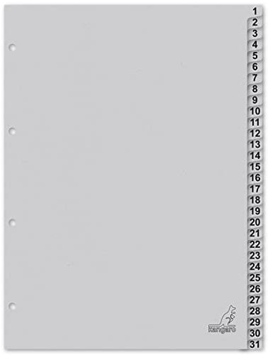 Kangaro Karton-Register DIN A4 Zahlen 1-31. 180 g/m² recycelter Grau FSC Karton - 31-teilig