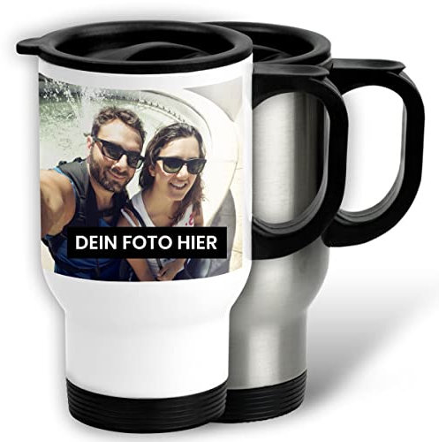 Mugvilla Thermobecher Bedrucken mit Foto - Doppelwandiger Edelstahlbecher Personalisieren in Weiß oder Silber