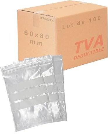 Jeco - Lot de 100 sachets à fermeture zip format 60 x 80mm : 6 x 8 cm 3 bandes blanches d'écriture 50µ - qualité alimentaire