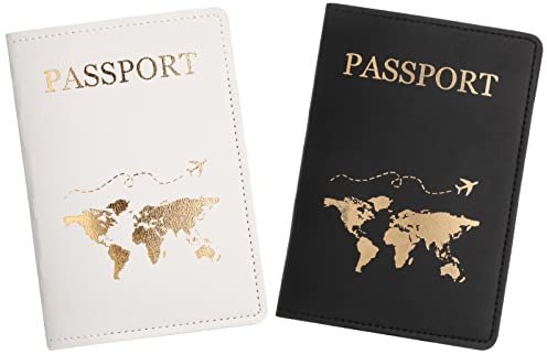 Firtink 2 Pcs Passport Holder, PU Leather Passport Cover, Travel Wallet Case Organiser for Passport, Ticket, Boarding Pass, Business Card, Credit Card (White, Black)