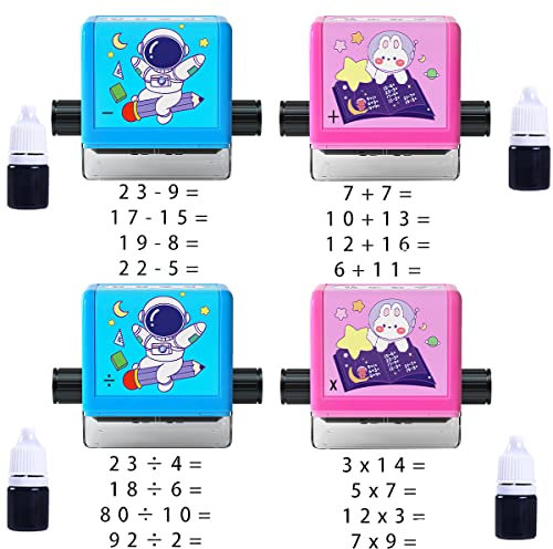Waldspring Roller Digitaler Lehrstempel, Mathe Roller Stempel 4 Stück, Rechenstempel Roller 1 Klasse, Lehrstempel Rechnen Roller für Mathematische Übungen für Kinder Blau Rosa