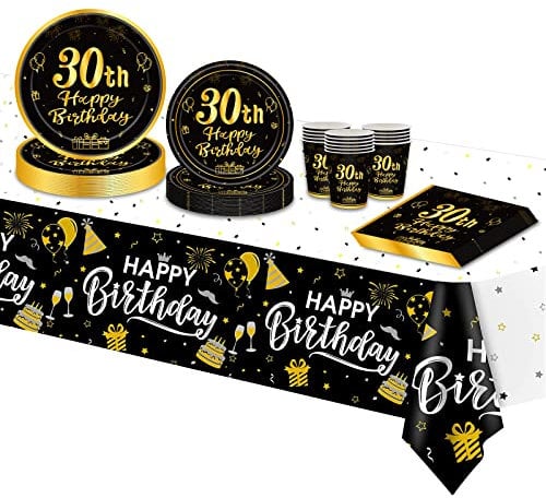TOPWAYS Schwarz Gold 30 Geburtstagsdeko Partygeschirr Set, 30. Geburtstag Männer Frauen Happy Birthday Decorations Pappteller Einwegteller Tischdecke Pappbecher Servietten (16 Gäste) (30th)