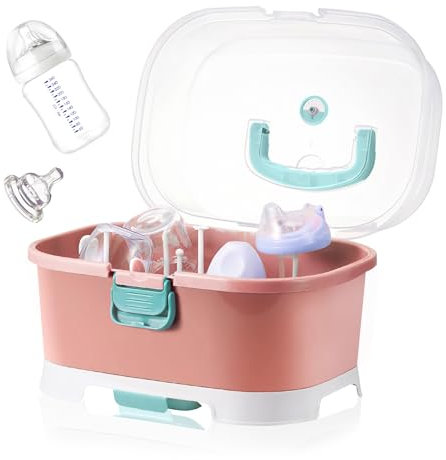 Soporte para biberones, portátil de gran capacidad, caja de almacenamiento para biberones para niños pequeños con tapa y protección antipolvo y almacenamiento de cubiertos, estante de secado de