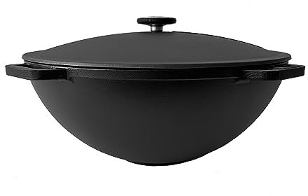 ROBARI Gusseisen Kazan mit Deckel | Traditioneller Gusstopf | Kasan mit abgeflachtem Boden | Grillwok schwarz 12 L