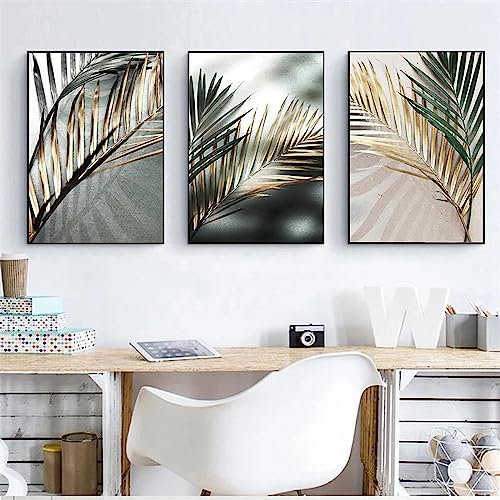 Plantes Affiche Vert Doré Feuilles Dorées Forêt Toile Tableau Art Peintures Decoration Murale pour Salon Chambre Tableau Decoration, sans Cadre (3X30X40CM)