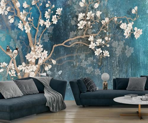 Kalodity Papier Peint Panoramique 3D Soie, 356 x 250 cm Magnolia Bleu, Oiseau, Grande Mural, pour Salon, Chambre d'enfant, Chambre Décoration Poster Papier Peint, A04
