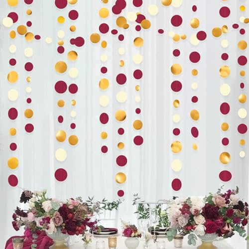 Partydekoration, 12 m, Kastanienbraun, Gold, Beige, gepunktet, Girlande, hängende Papierkreise, Punkte, Luftschlangen für Kastanienbraun, Granat, Abschlussfeier, Geburtstag, Jahrestag, Hochzeit,