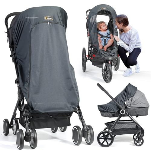 Orzbow Parasol Carro Bebe Transpirable,Sombrilla Carro Bebe Universal con Ventana Frontal,Ajustable Parasol Carrito Bebe con UPF 50+,Bloquear el 99% UV,Gris Oscuro