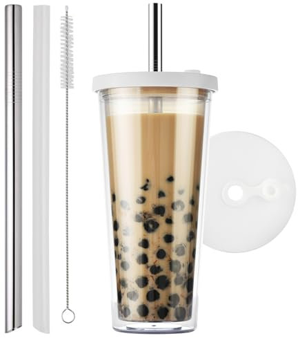 ALINK Tasse à thé à bulles, avec couvercle et paille, en plastique transparent, anti-fuite, double paroi isolée, 680 ml