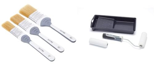 Harris 102021060 Seriously Good Woodwork Stain & Varnish Paint Brushes, 3 Brush Pack, 1, 1.5, 2, Grey & 103022202 Ultimate Woodwork Mini Gloss Roller Set with Tray and Frame, 4