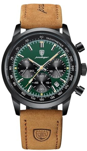 rorios Multifunktional Herrenuhren Analog Quarz Armbanduhr Freizeit Chronograph Uhr Klassische Edelstahl Uhr für Herren Männer mit Leder Armband Grün