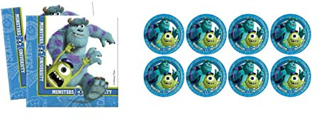 ALMACENESADAN, 5116, Pack of 8 Paper Plates 23 cm and Pack of 20 Paper Napkins 33 x 33 cm, Licensed (Monsters SA)